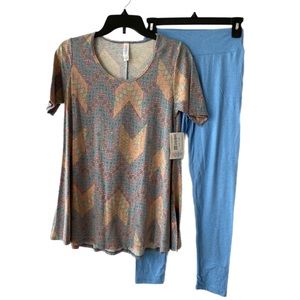 LuLaRoe Geometric Pattern Top and Blue Leggings Set